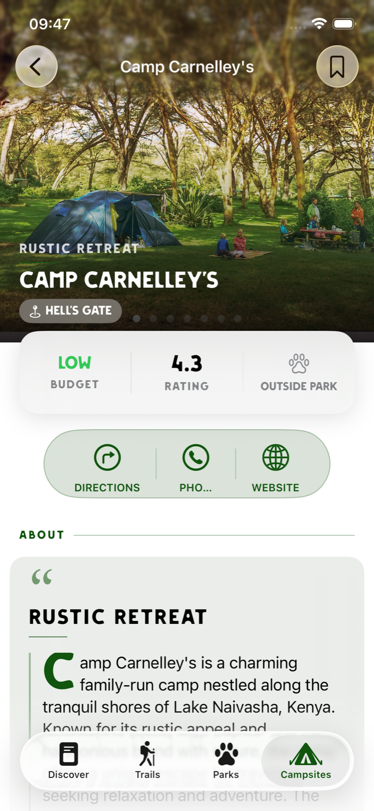 Savanna Guides campsite profile screen with campsite details and contact actions