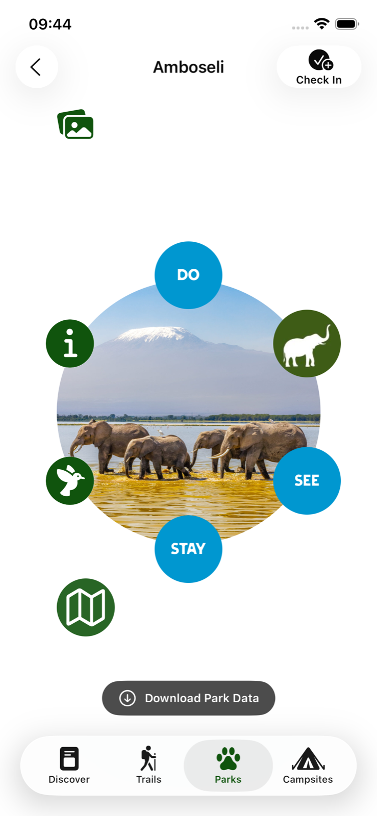 Savanna Guides park profile screen with park actions and highlights