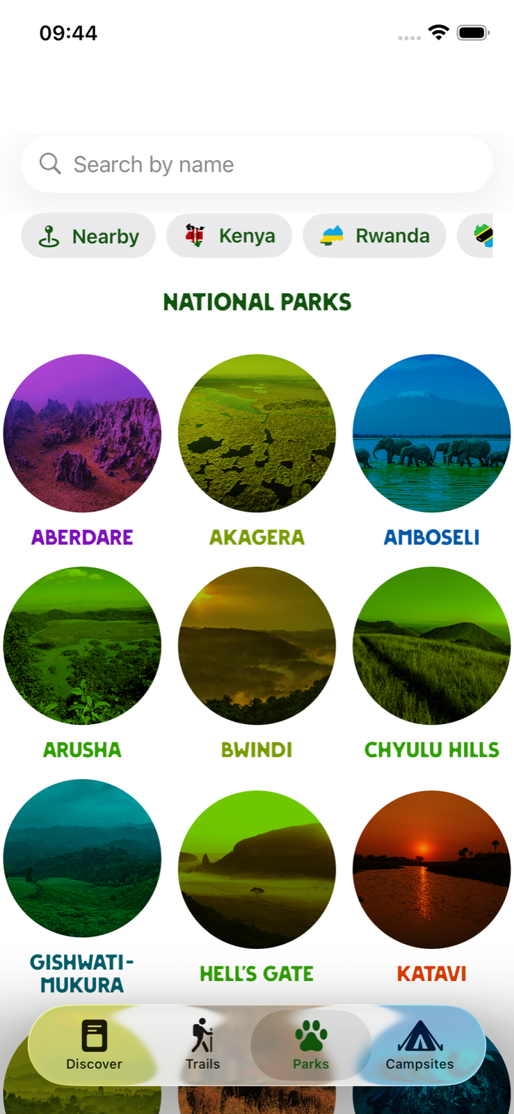 Savanna Guides parks list screen