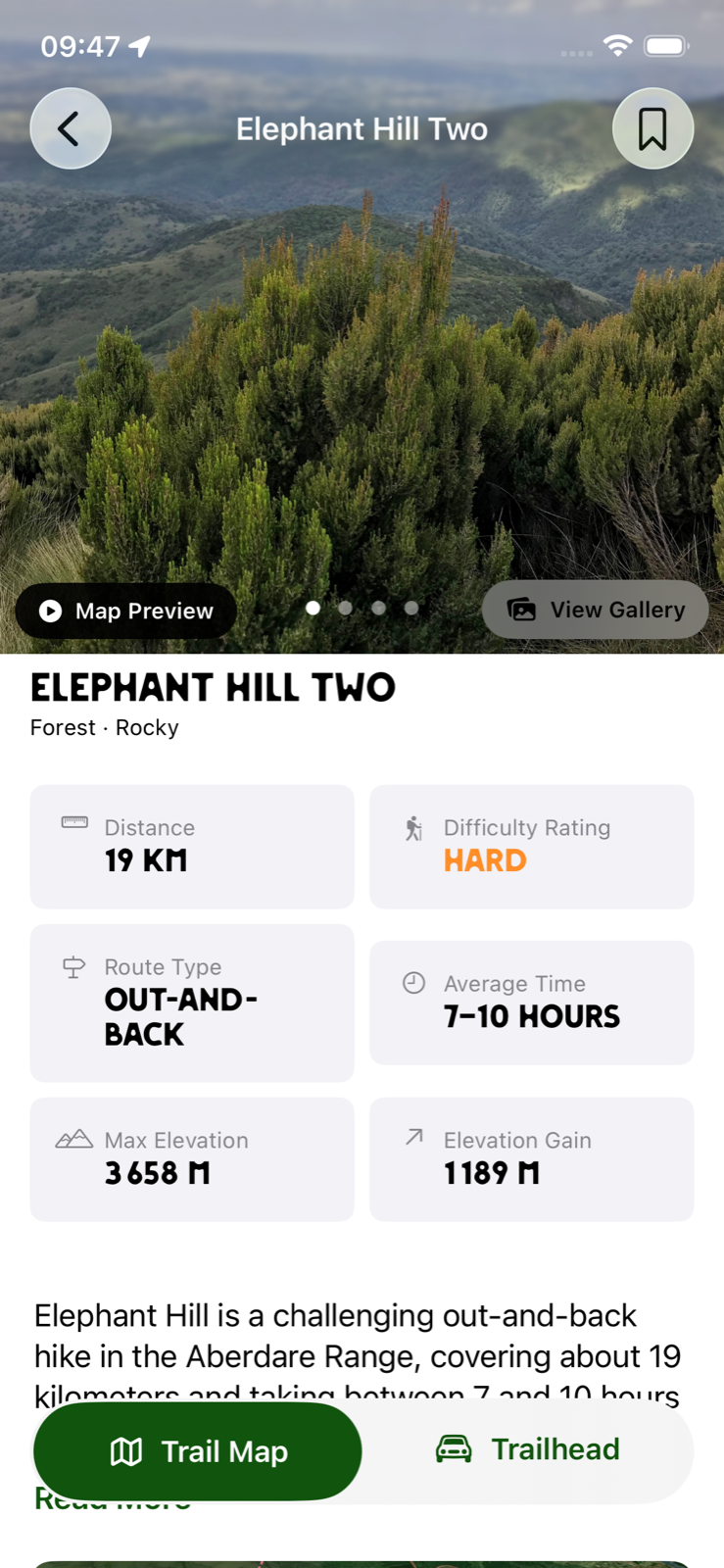 Savanna Guides trail profile screen with distance, difficulty and elevation